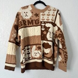 YWFG Cartoon cute bunny Animal Knit patchwork‎ sweater  Brown Cream Medium